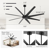100 Inch Large Black Ceiling Fan without Light, 8 Blades, DC Motor & Remote
