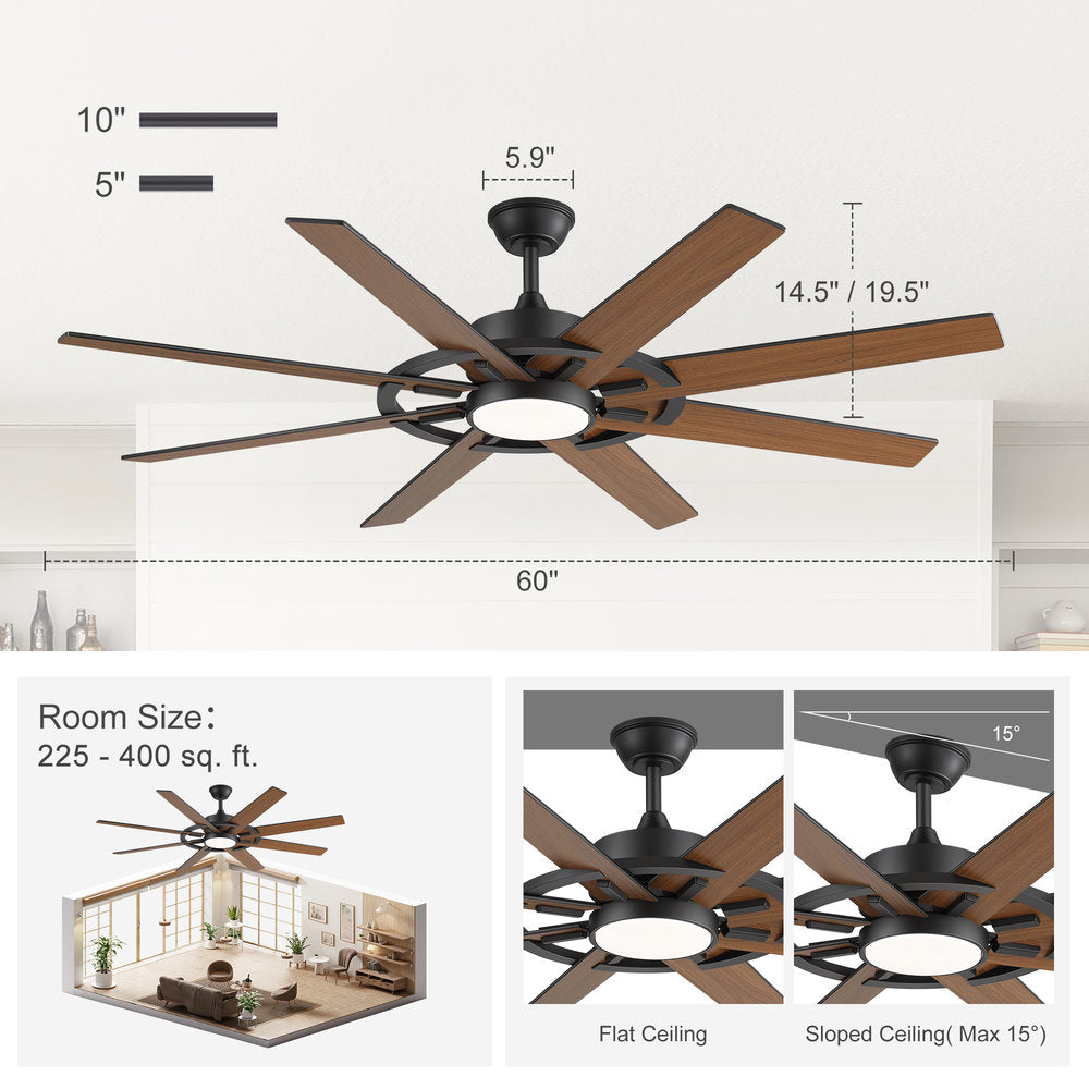 60 Inch 8-Blade Black Ceiling Fan with Light & Remote