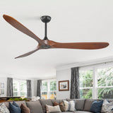 72 Inch Large Ceiling Fan without Light with 3 Solid Wood Blades & Remote