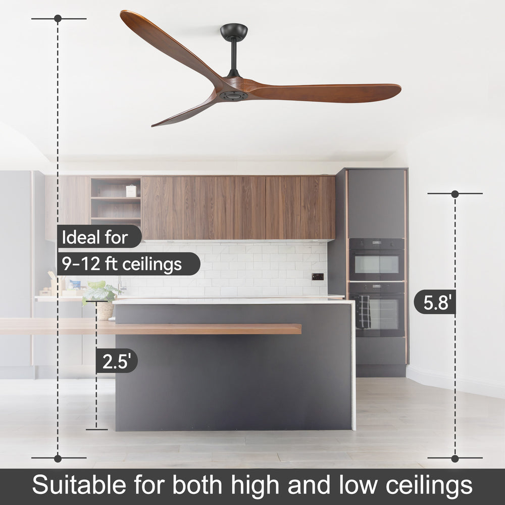 72 Inch Large Ceiling Fan without Light with 3 Solid Wood Blades & Remote