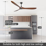 72 Inch Large Ceiling Fan without Light with 3 Solid Wood Blades & Remote