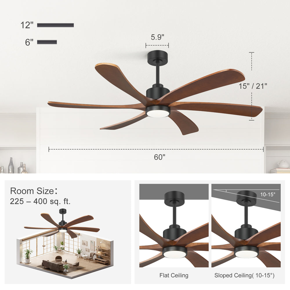 60 Inch Ceiling Fan with Light, 6 Solid Wood Blades & Remote
