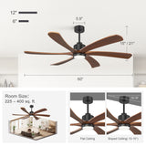 60 Inch Ceiling Fan with Light, 6 Solid Wood Blades & Remote