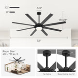 72-Inch 8-Blade Black Ceiling Fan with Light & Remote
