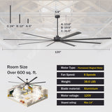 AirForge 120-inch HVLS industrial ceiling fan with permanent magnet motor, 6 speeds, and aluminum blades for spaces over 600 sq. ft.