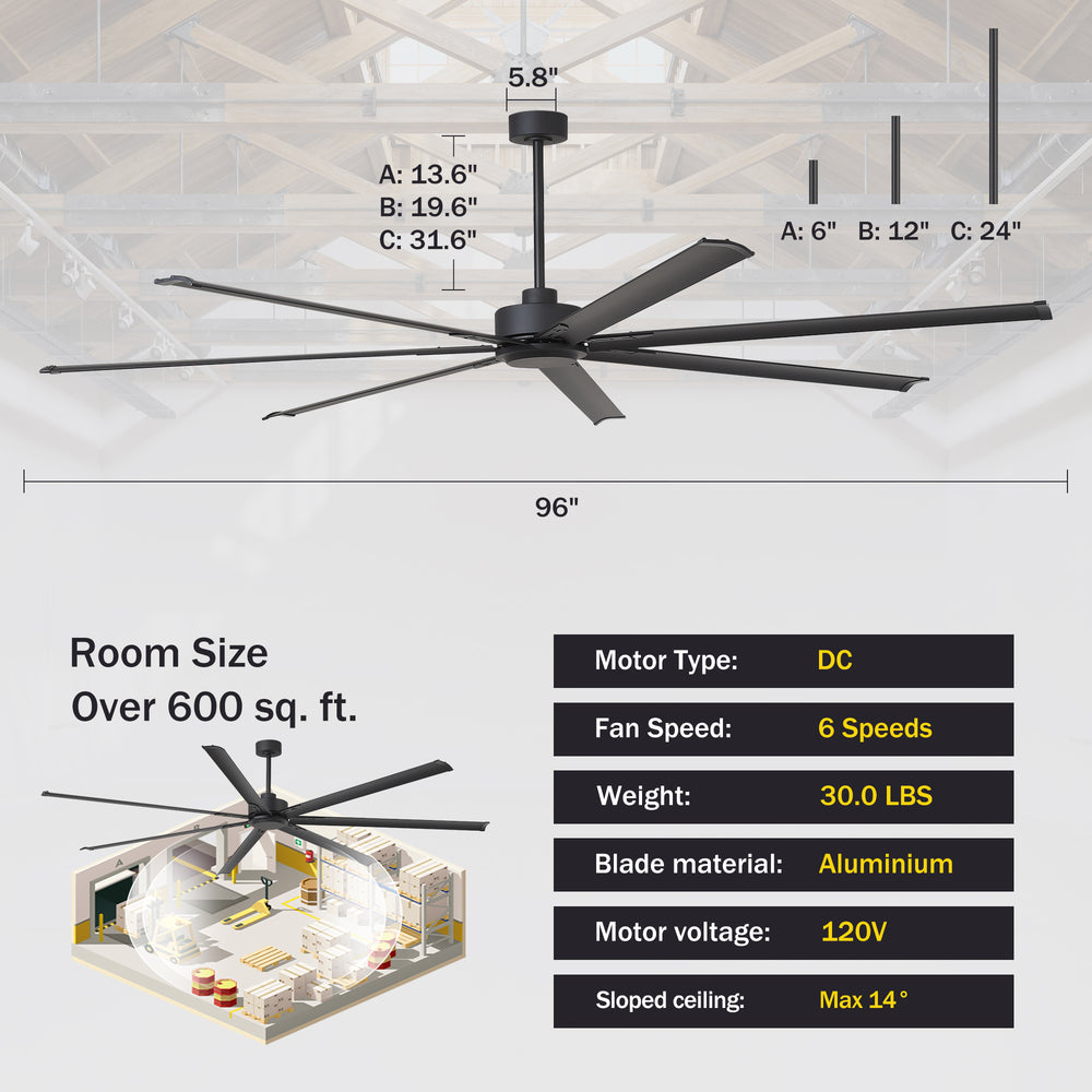 Ceiling fan with dimensions and specifications on a white background