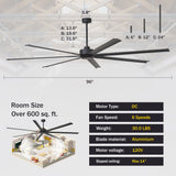 Ceiling fan with dimensions and specifications on a white background