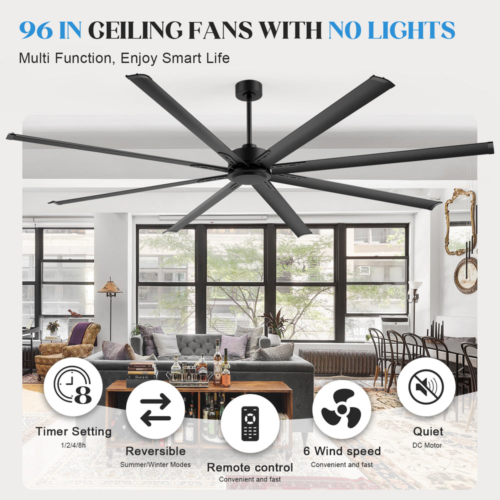 96-inch large black ceiling fan with remote control, 6 speeds, reversible DC motor and timer function