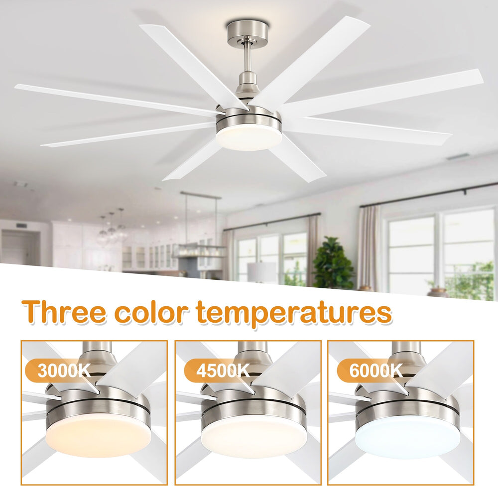 White 8-blade ceiling fan with integrated LED showing 3000K, 4500K, and 6000K color temperature options