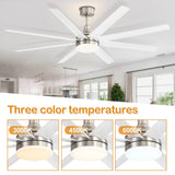 White 8-blade ceiling fan with integrated LED showing 3000K, 4500K, and 6000K color temperature options