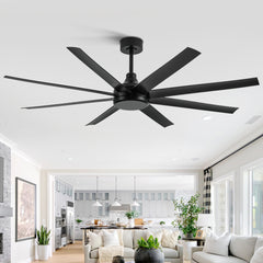 65-Inch Industrial Ceiling Fan, No Light with Remote, 8 ABS Blades, Quiet Reversible DC Motor, 6-Speed, Timer Function