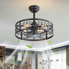 20-inch Matte Black Metal Caged Ceiling Fan with Light and Remote,7 ABS Blades,4in and 8in Downrod Included