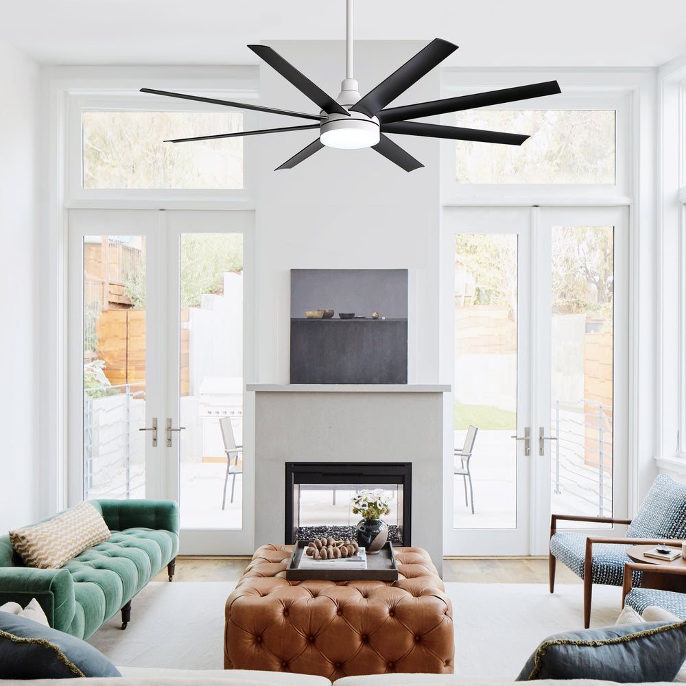 AeroSpan Lux 65-inch black and white 8-blade ceiling fan in a modern living room