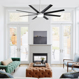 AeroSpan Lux 65-inch black and white 8-blade ceiling fan in a modern living room