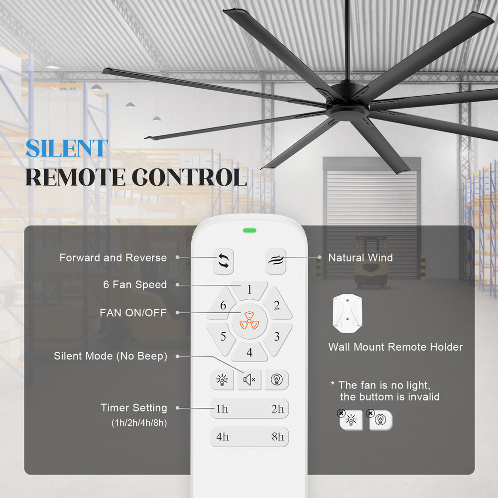 96-inch large black ceiling fan with silent remote control, 6 speeds, reversible airflow and timer settings