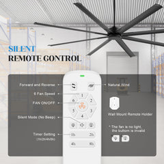 Large 96 Inch Industrial Ceiling Fan with Remote, No Light with 8 Blades-6",12" and 24" Downrods Included