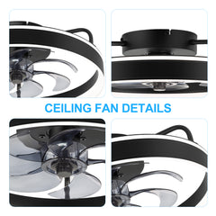 20 inch Black Caged Ceiling Fans with Lights, Low Profile Flush Mount Enclosed Ceiling Fan Remote Control, Reversible DC Motor, Modern Bladeless Ceiling Fan with Led Light for Bedroom
