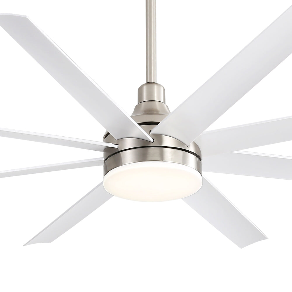 White 8-blade ceiling fan with brushed nickel motor housing and integrated LED light close-up