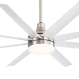 White 8-blade ceiling fan with brushed nickel motor housing and integrated LED light close-up