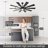 Rivelle 62 72 inch large black ceiling fan with light suitable for 8 to 10 ft ceilings and high or low ceiling spaces
