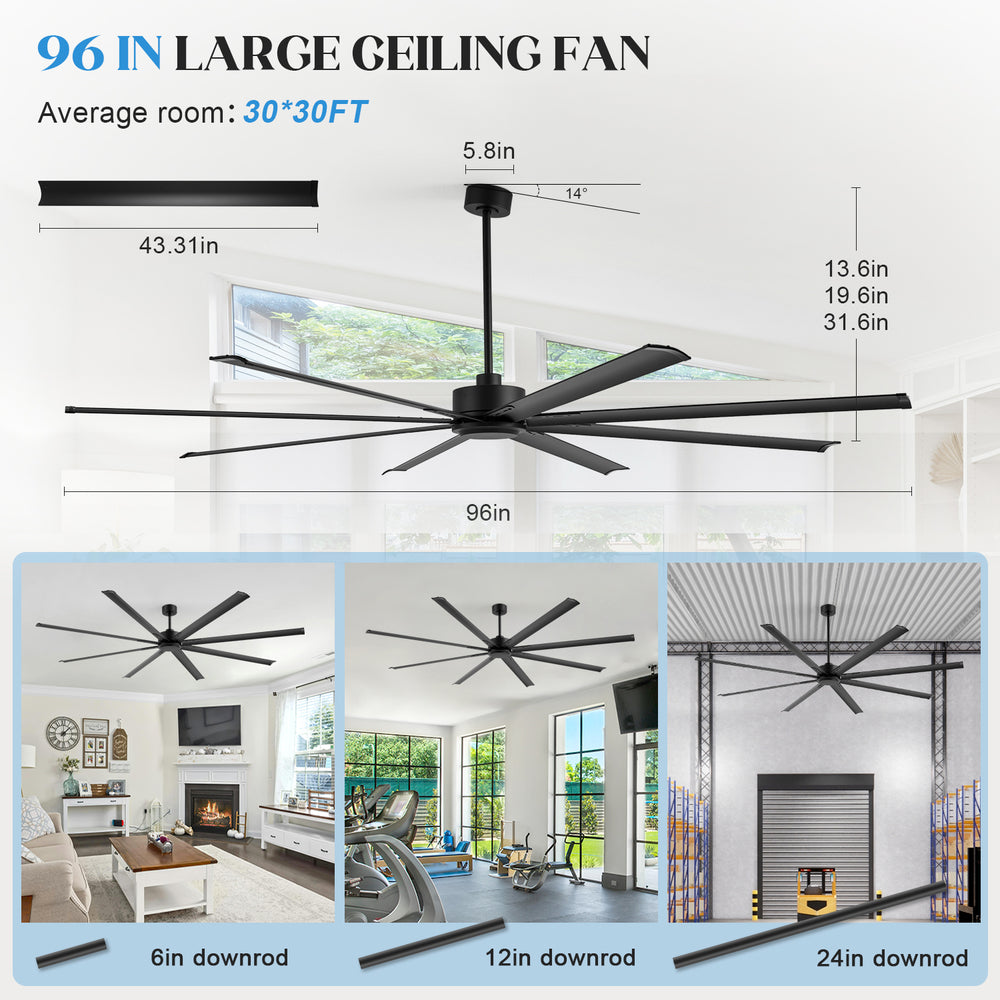 96-inch large black ceiling fan dimensions with 6-inch, 12-inch and 24-inch downrod installation options