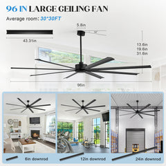 Large 96 Inch Industrial Ceiling Fan with Remote, No Light with 8 Blades-6",12" and 24" Downrods Included