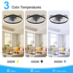 20 inch Black Caged Ceiling Fans with Lights, Low Profile Flush Mount Enclosed Ceiling Fan Remote Control, Reversible DC Motor, Modern Bladeless Ceiling Fan with Led Light for Bedroom