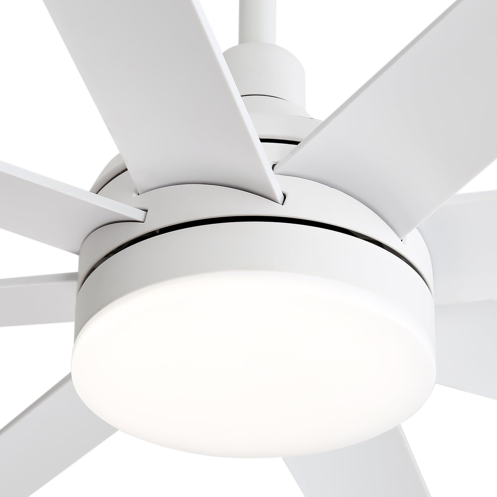 AeroSpan Lux 65-inch white 8-blade ceiling fan with white blades, housing design and light