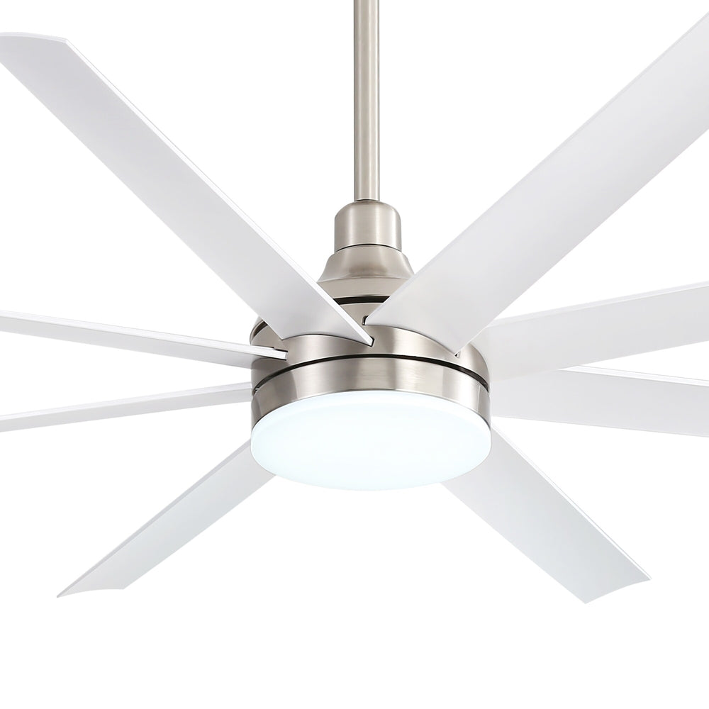White 8-blade ceiling fan with brushed nickel housing and cool white integrated LED light close-up
