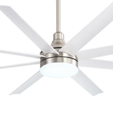White 8-blade ceiling fan with brushed nickel housing and cool white integrated LED light close-up
