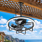 20" Outdoor Ceiling Fan with RGB LED Light, Modern Black Caged Design, Quiet Reversible DC Motor, 6 Speeds, Dimmable, Remote, Timer, Memory