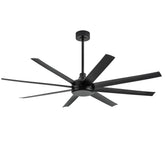 Angled view of AeroSpan 65-inch black 8-blade ceiling fan without light