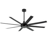 Angled view of AeroSpan 65-inch black 8-blade ceiling fan without light