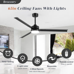 72-inch Black Ceiling Fans with Lights Remote Control, Industrial Large Ceiling Fan, 3 Reversible Blades, 6-Speed, Quiet DC Motor, LED Ceiling Light Chandelier for Indoor/Outdoor Patio Living Room