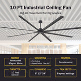 AirForge 120-inch HVLS industrial ceiling fan with permanent magnet motor, 6 speeds, remote control, and multiple downrod options