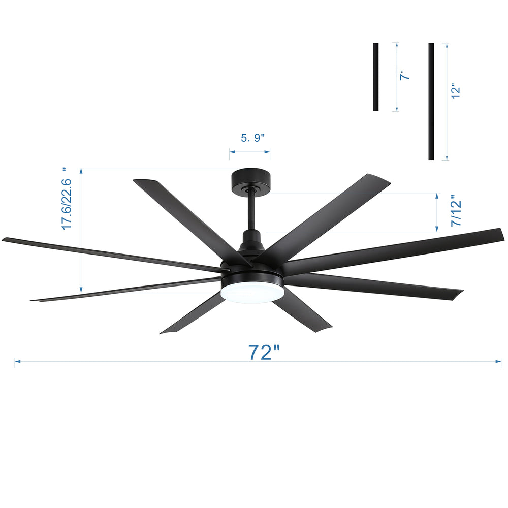 72-Inch Industrial Ceiling Fan with Lights and Remote, 8 ABS Blades, Quiet Reversible DC Motor, 6-Speed, Timer Function, 3 Color LED Light Chandelier
