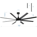 AeroSpan Lux 72-inch large black 8-blade ceiling fan with LED light, 7-inch and 12-inch downrods and dimensions