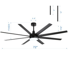 72-Inch Industrial Ceiling Fan with Lights and Remote, 8 ABS Blades, Quiet Reversible DC Motor, 6-Speed, Timer Function, 3 Color LED Light Chandelier