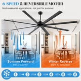 96-inch large black ceiling fan with 6 speeds and reversible motor for summer cooling and winter air circulation