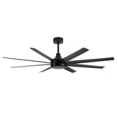Front view of AeroSpan 65-inch black 8-blade ceiling fan without light