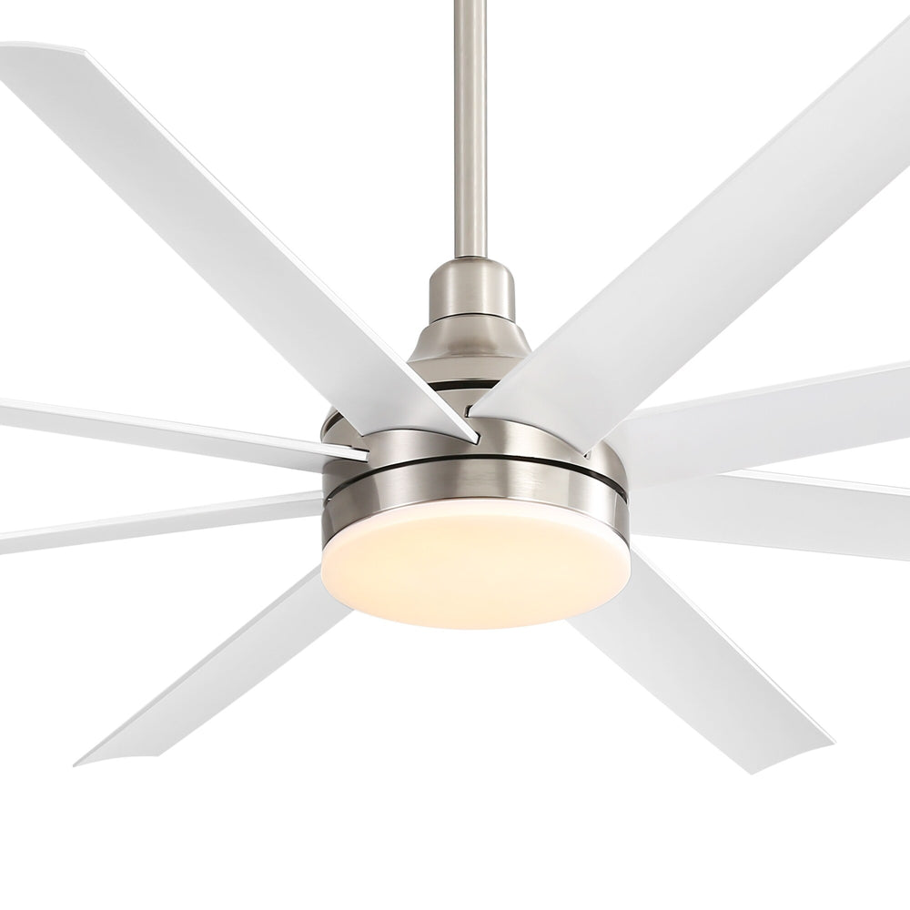 White 8-blade ceiling fan with brushed nickel housing and warm integrated LED light close-up