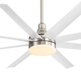 White 8-blade ceiling fan with brushed nickel housing and warm integrated LED light close-up