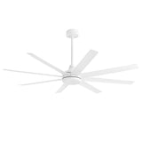 Front-angle view of AeroSpan 65-inch white 8-blade ceiling fan without light