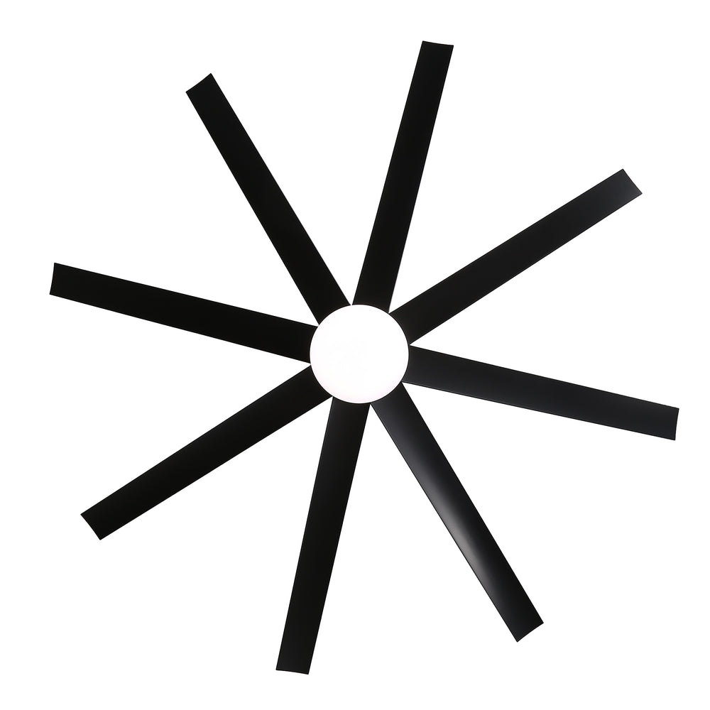 AeroSpan Lux 65-inch black 8-blade ceiling fan showing blade layout and overall design