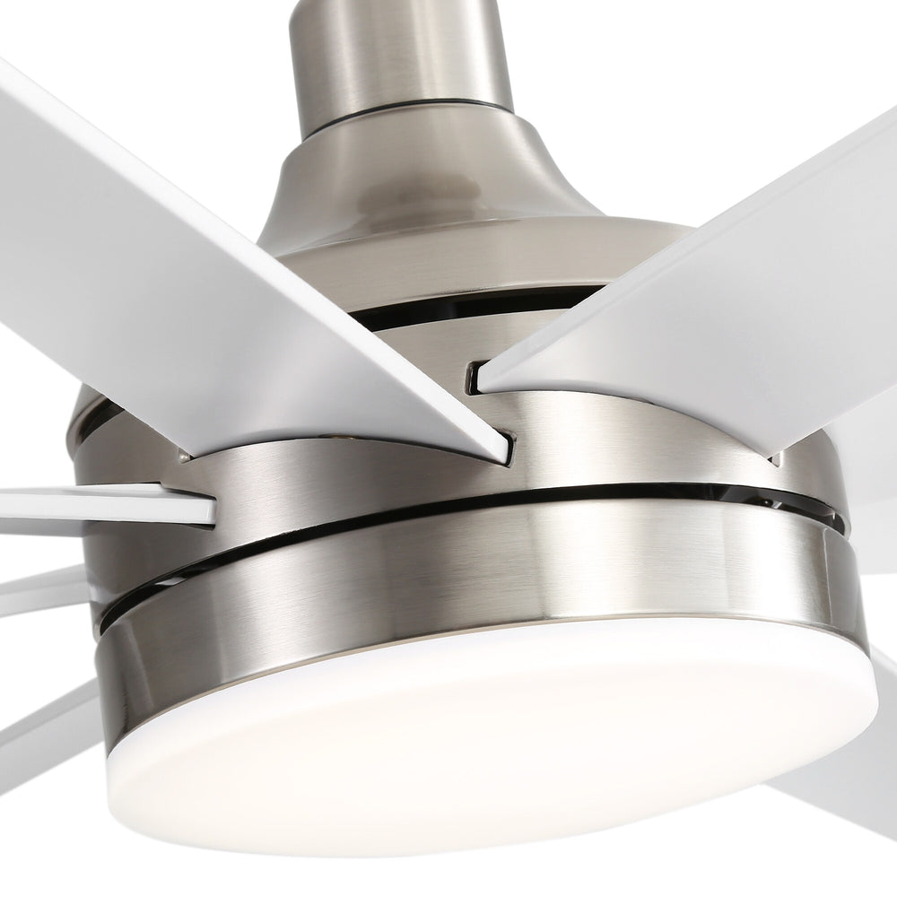 Close-up of white ceiling fan blades with brushed nickel motor housing and integrated LED light