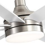 Close-up of white ceiling fan blades with brushed nickel motor housing and integrated LED light