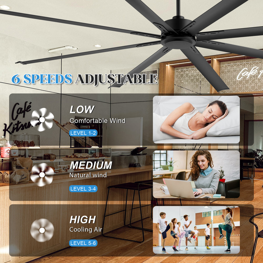 96-inch large black ceiling fan with 6 adjustable speeds for low, medium and high airflow settings