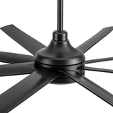 Close-up of AeroSpan 65-inch black 8-blade ceiling fan motor housing and blade connections