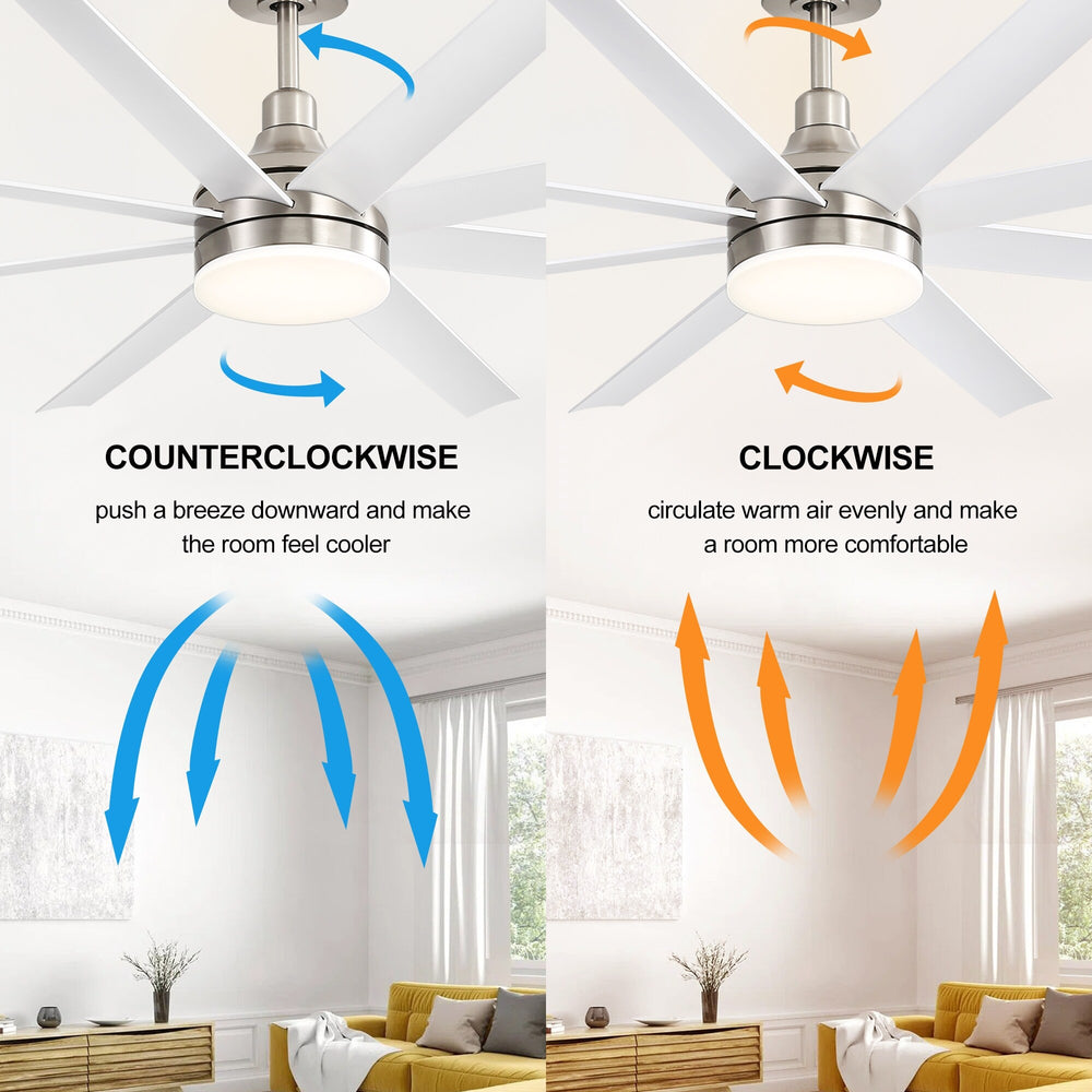 Reversible white 8-blade ceiling fan showing counterclockwise cooling airflow and clockwise warm air circulation