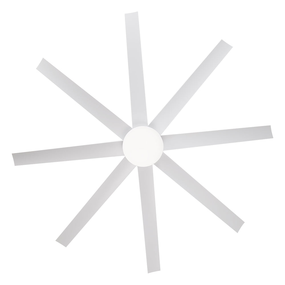 AeroSpan Lux 65-inch white 8-blade ceiling fan showing blade layout and overall design